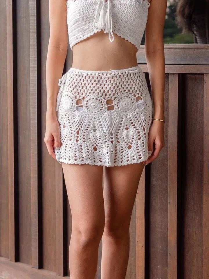 Nalani Tassle Crochet High Waist Mini Skirt in White