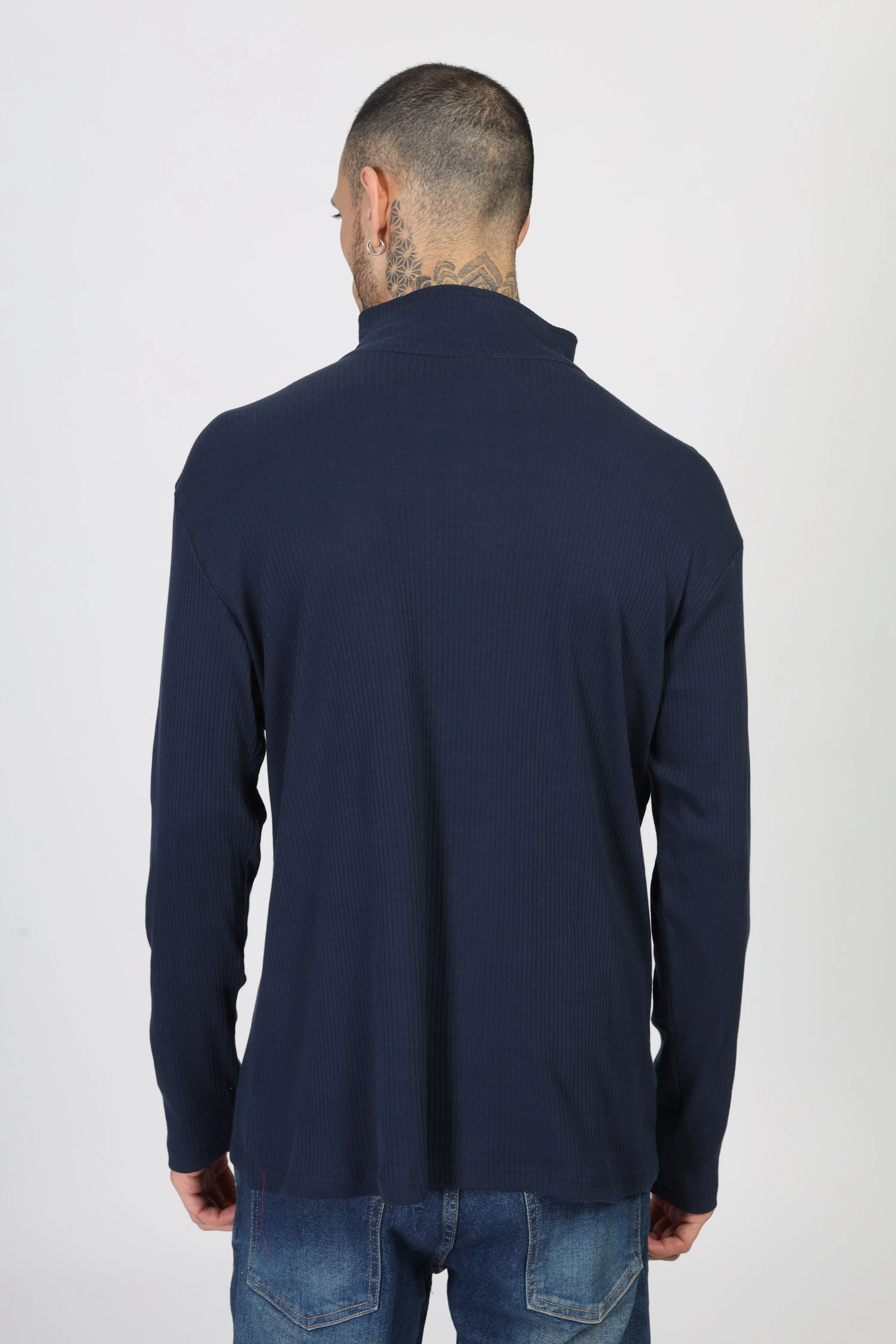 Navy Blue Self Design Zipper T-Shirt