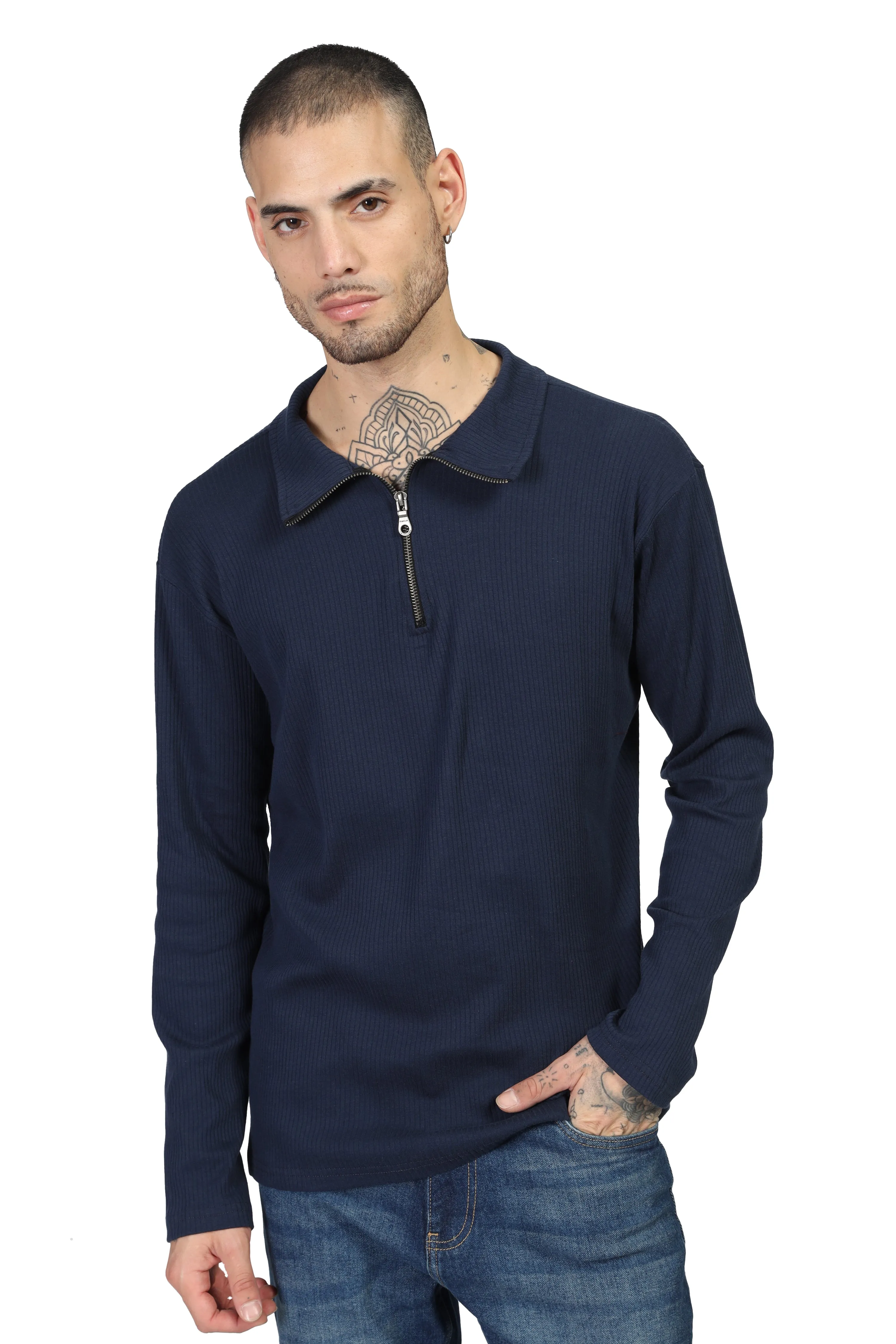 Navy Blue Self Design Zipper T-Shirt