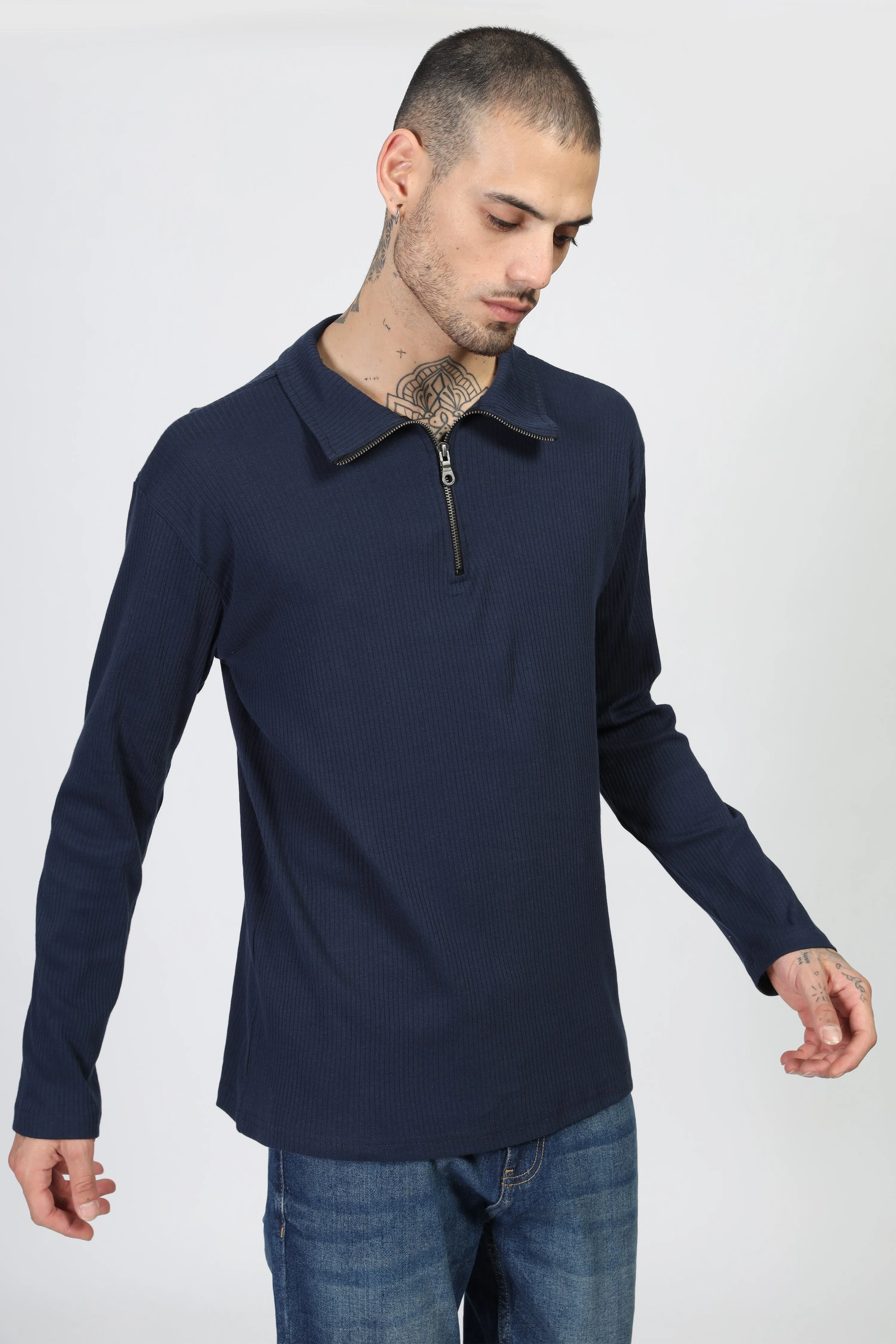 Navy Blue Self Design Zipper T-Shirt