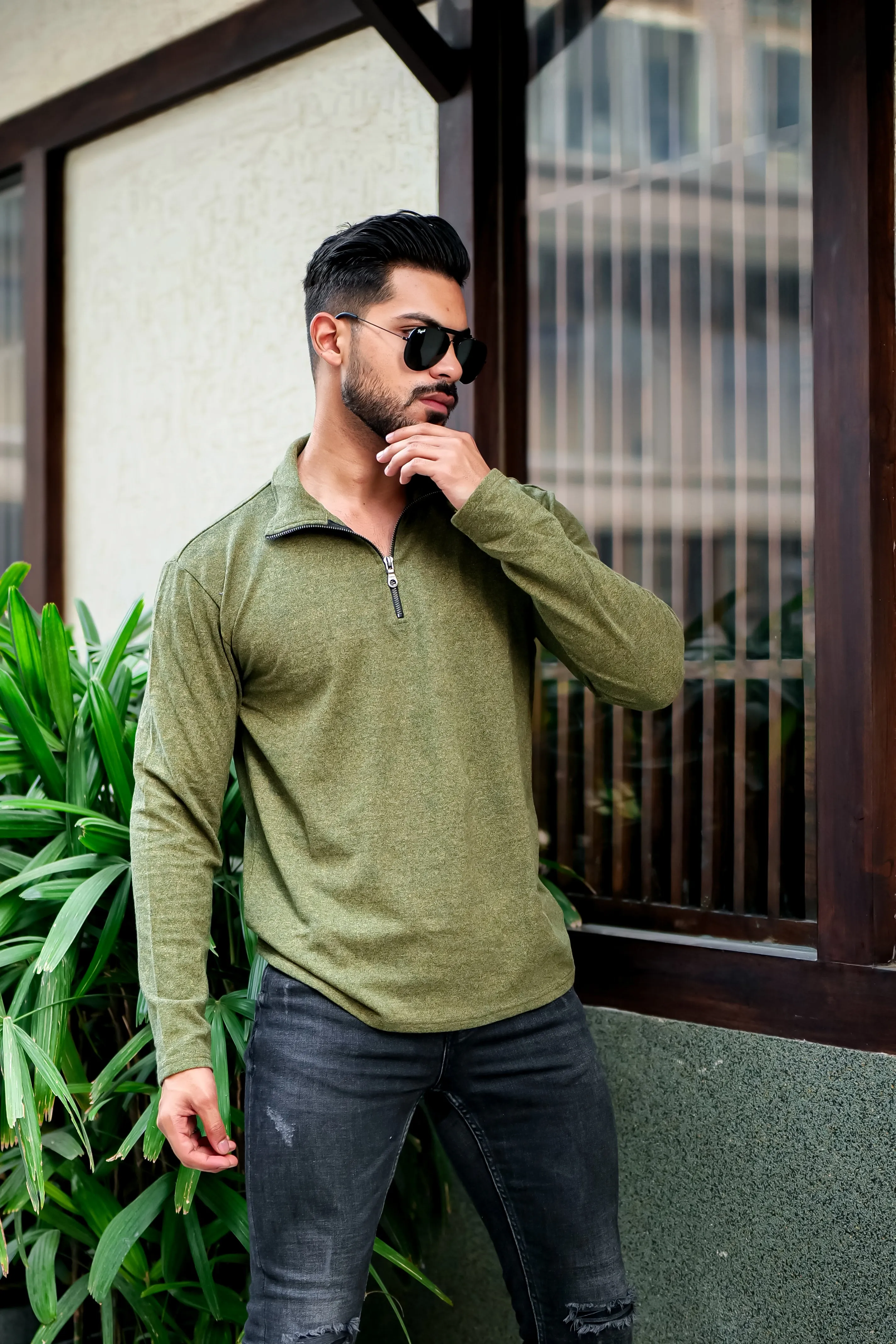 Olive Self Design Zipper T-Shirt