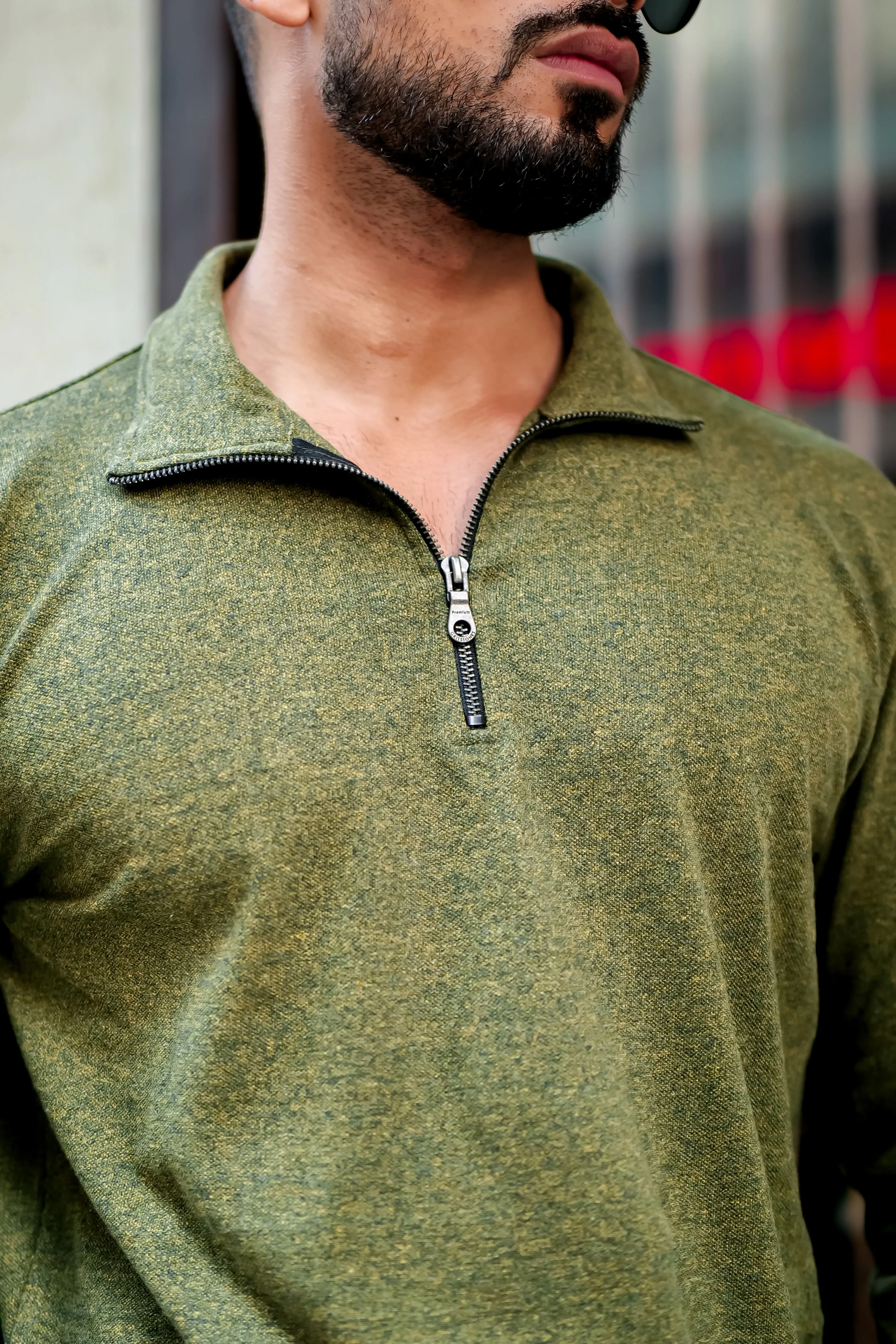 Olive Self Design Zipper T-Shirt