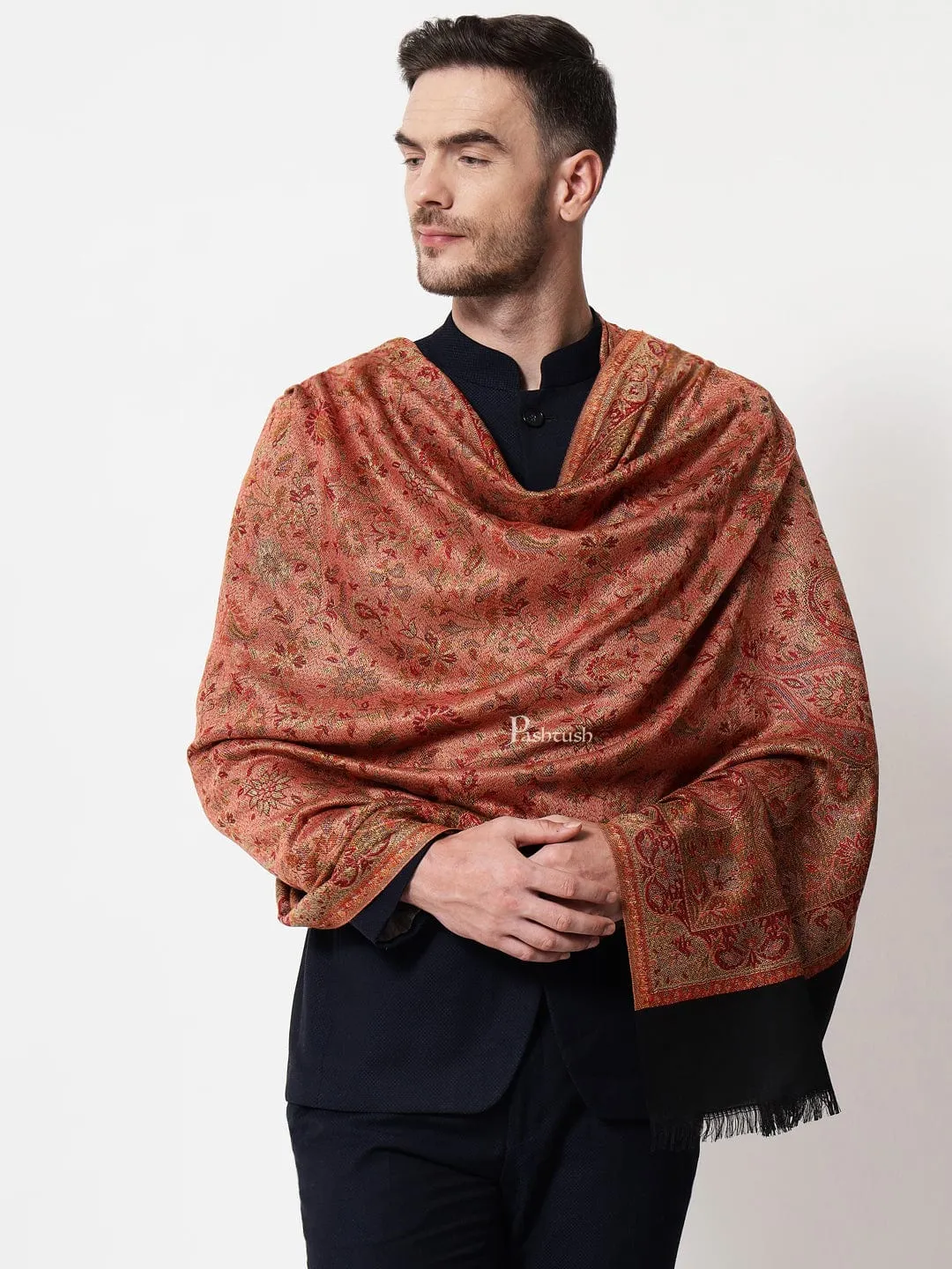 Pashtush mens faux pashmina stole, jacquard design, Black