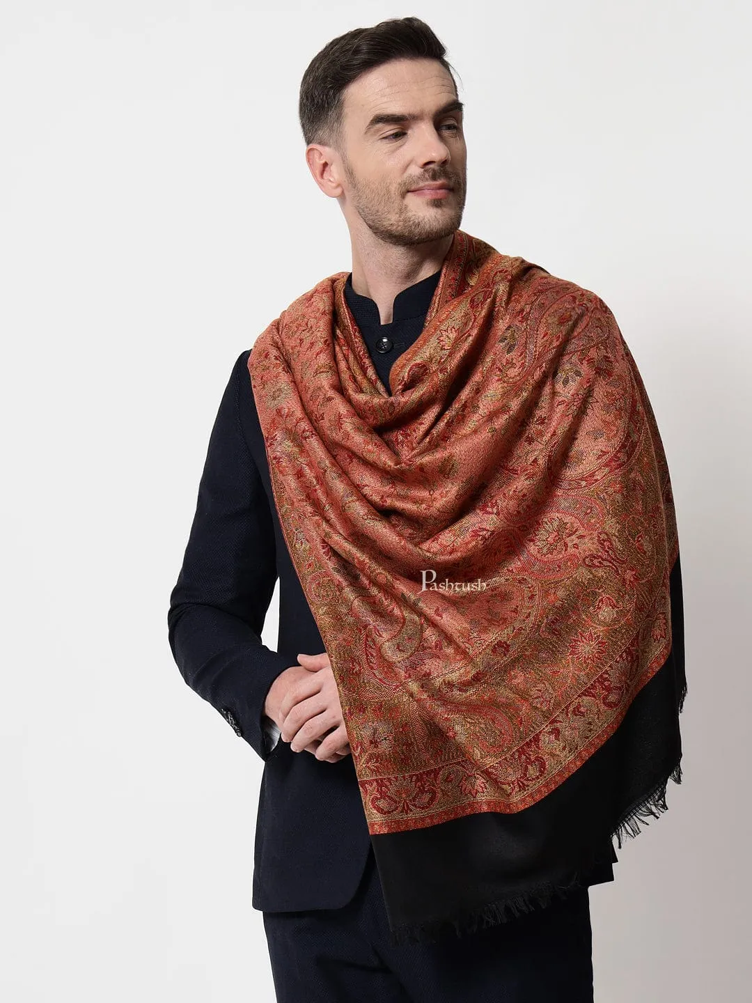 Pashtush mens faux pashmina stole, jacquard design, Black