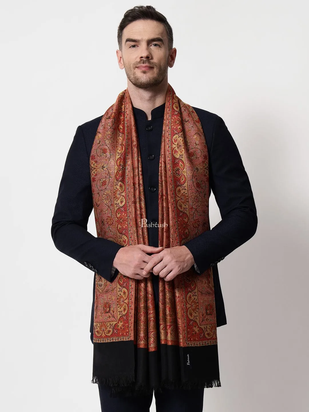 Pashtush mens faux pashmina stole, jacquard design, Black