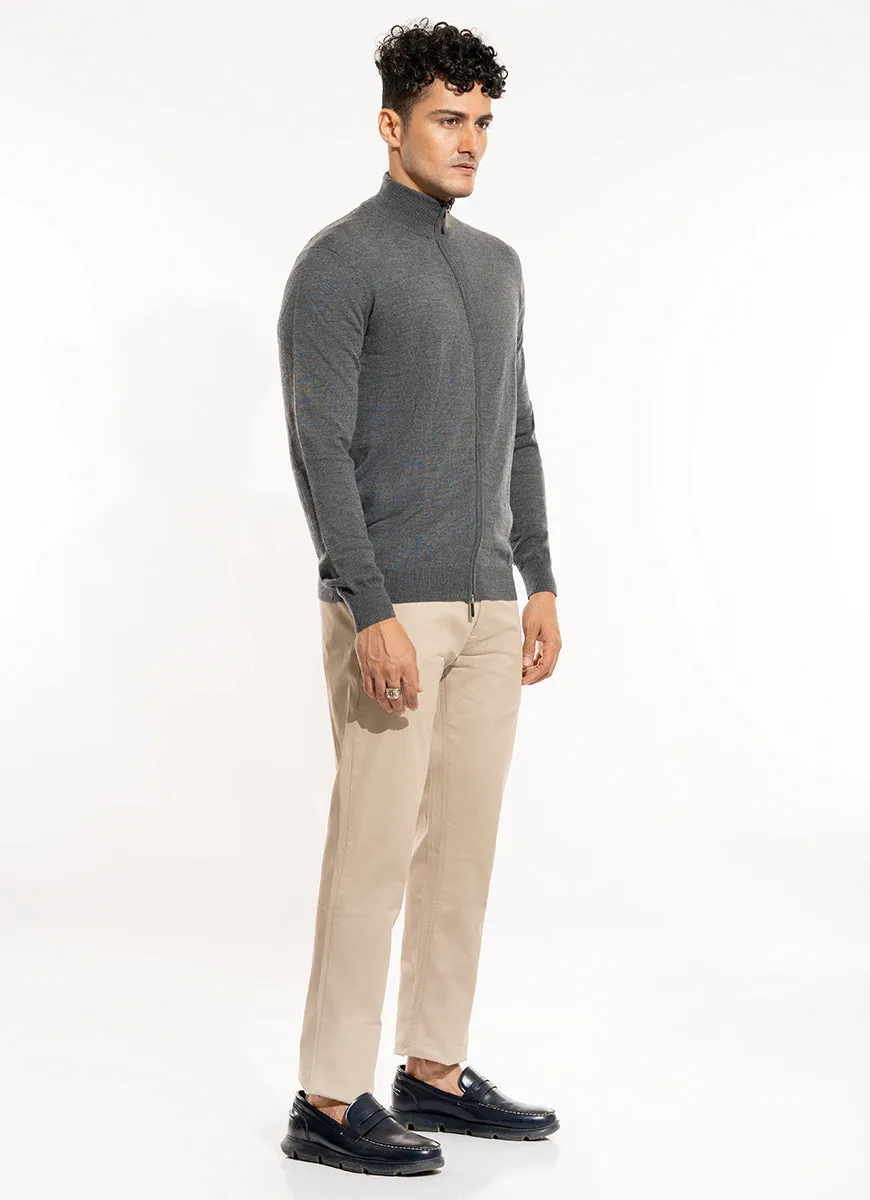 Plain-Grey Pure Merino Wool Full Zipper Sweaters