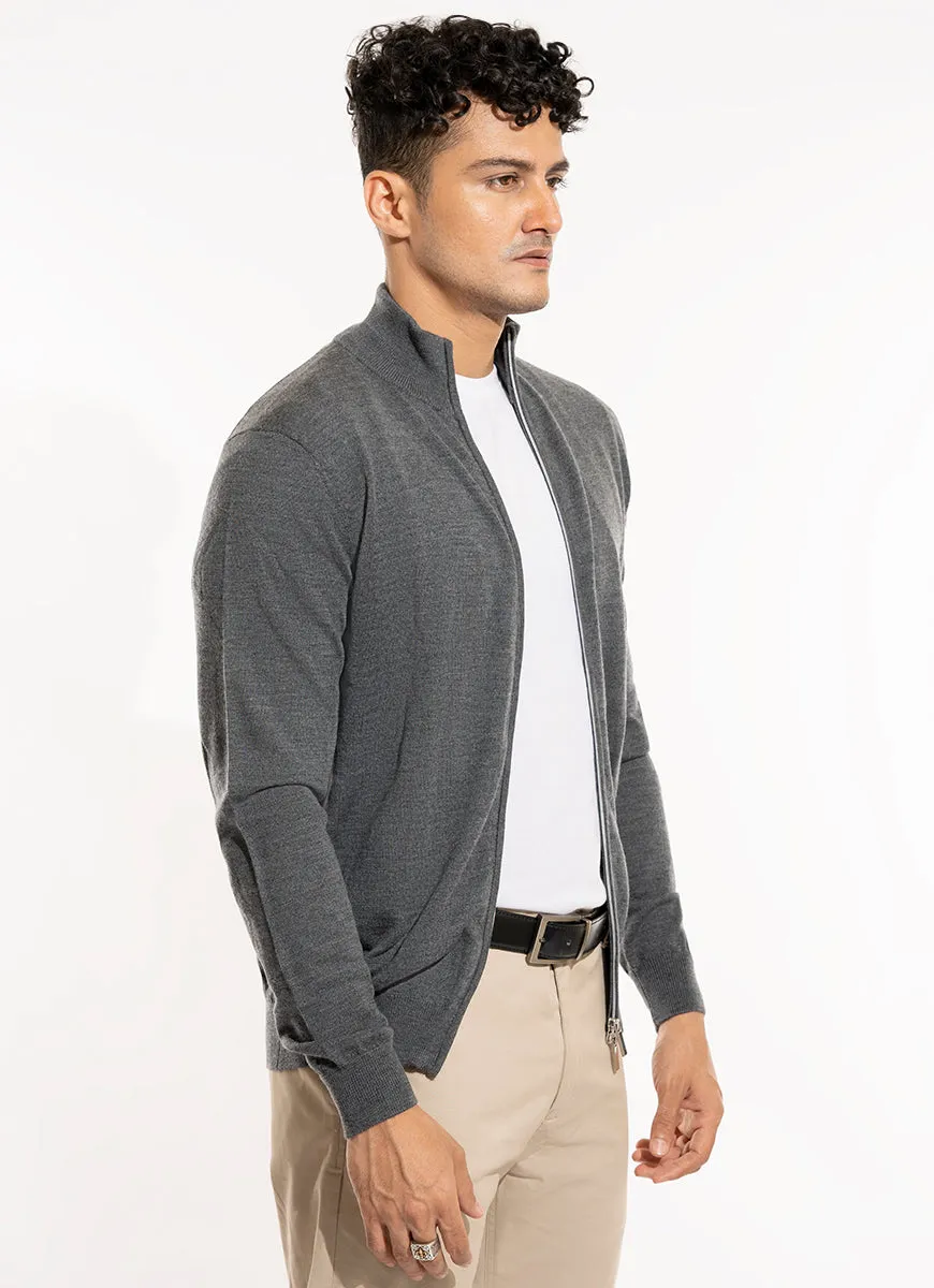 Plain-Grey Pure Merino Wool Full Zipper Sweaters