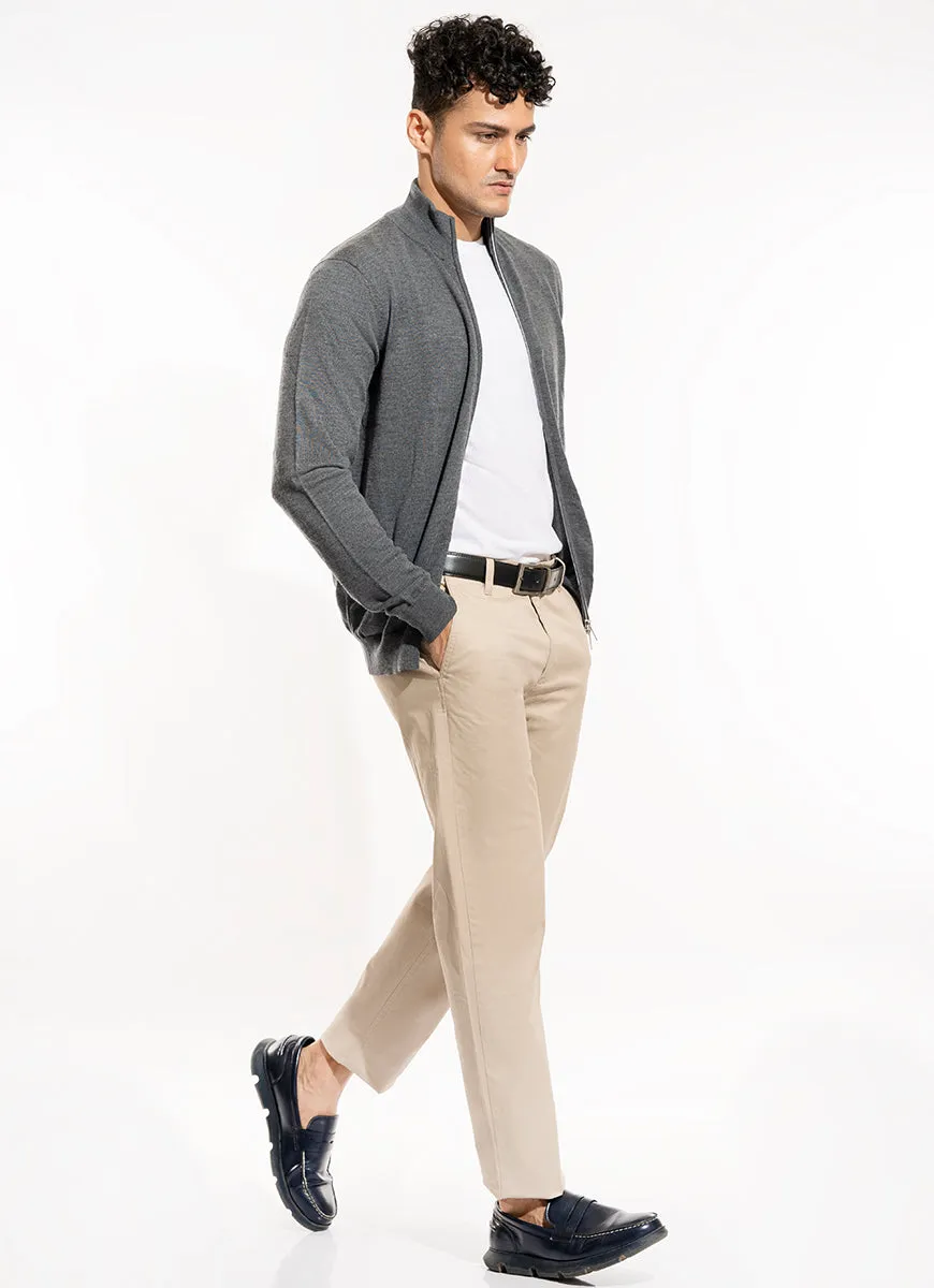 Plain-Grey Pure Merino Wool Full Zipper Sweaters