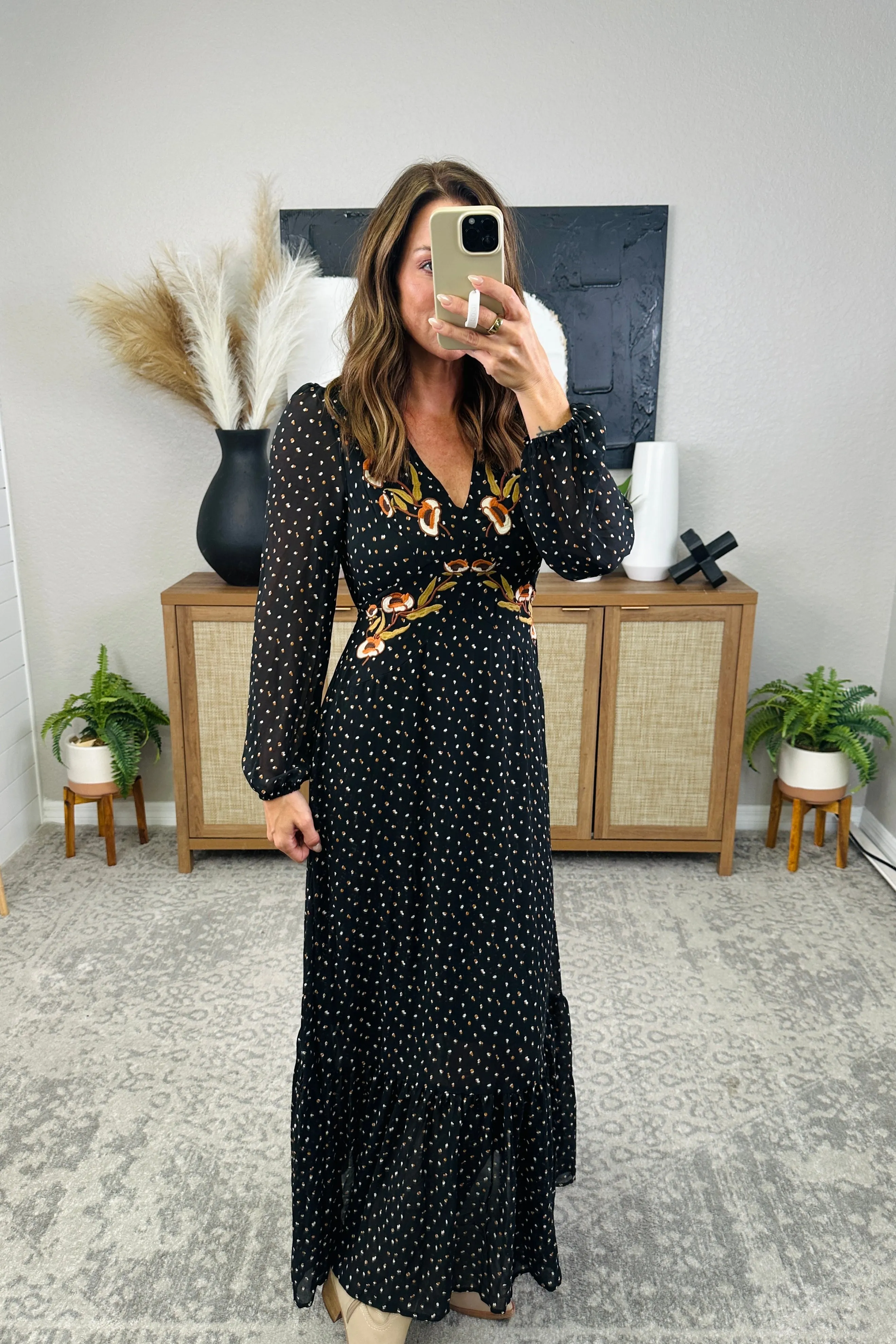 *Preorder* Embroidered V-Neck Long Sleeve Dress