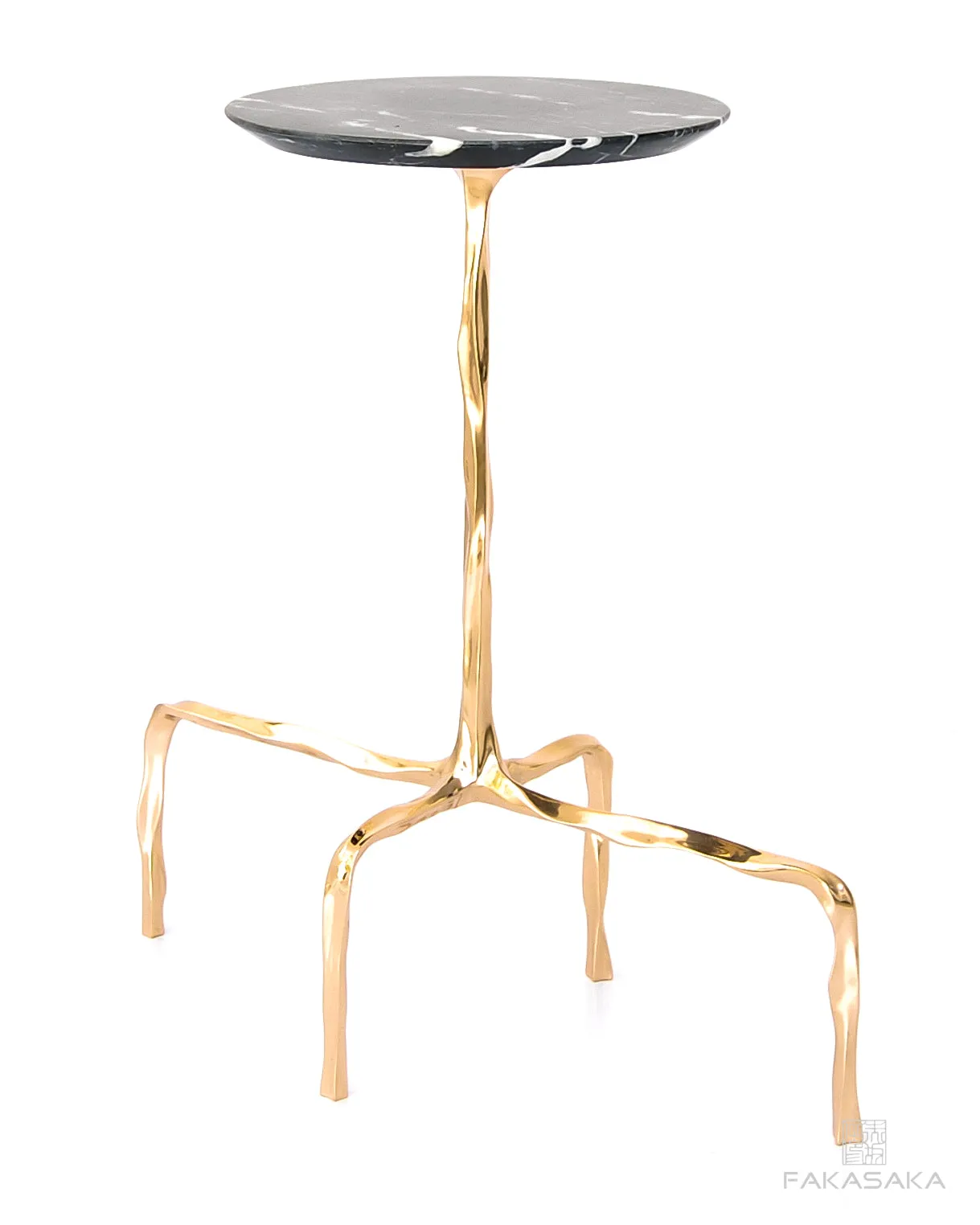 PRESLEY DRINK TABLE<br><br>NERO MARQUINA MARBLE<br>POLISHED BRONZE