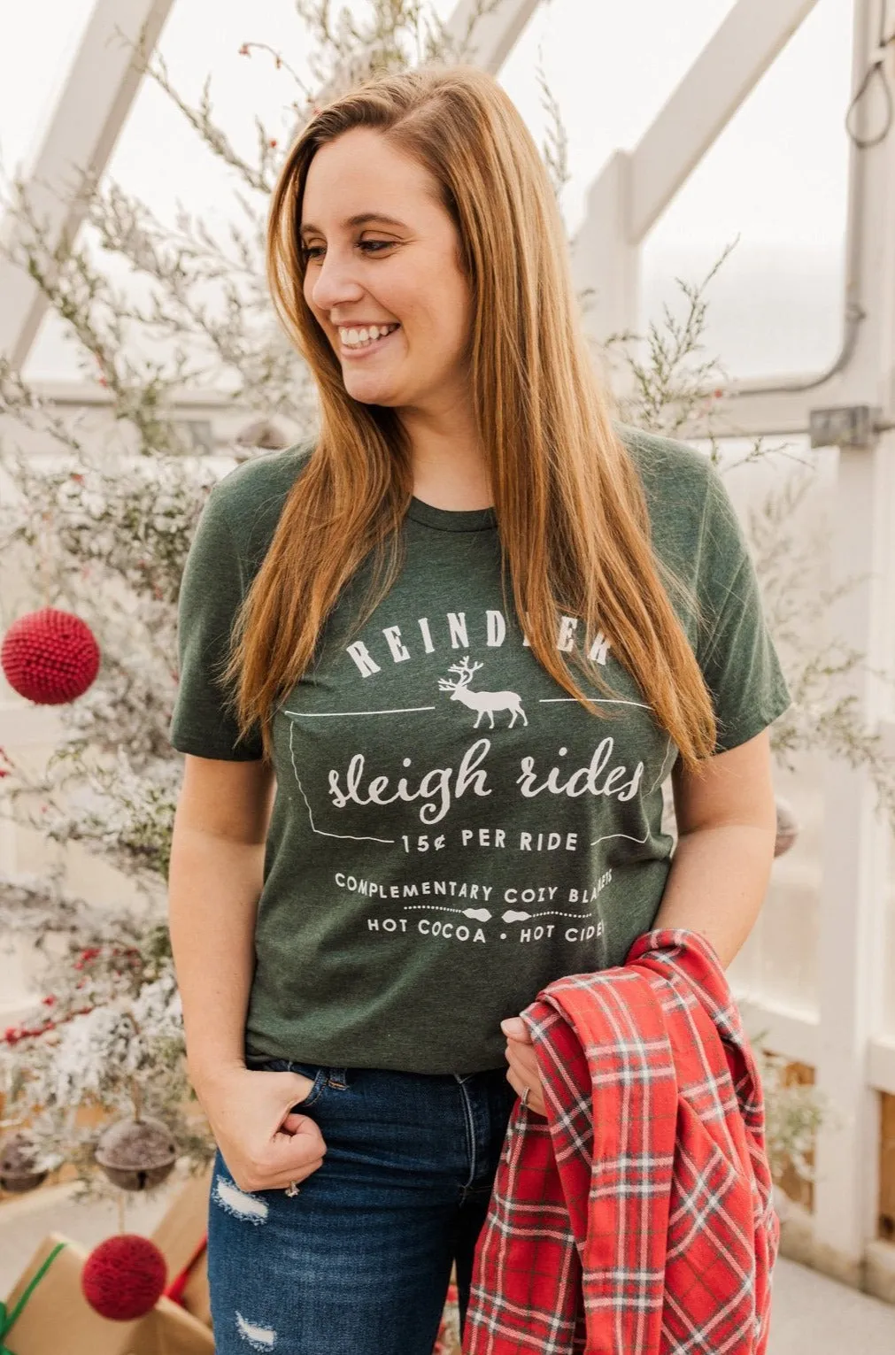 "Reindeer Sleigh Rides" Graphic Tee- Hunter Green