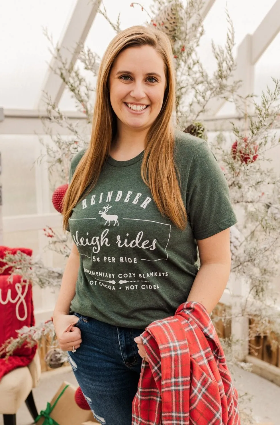 "Reindeer Sleigh Rides" Graphic Tee- Hunter Green