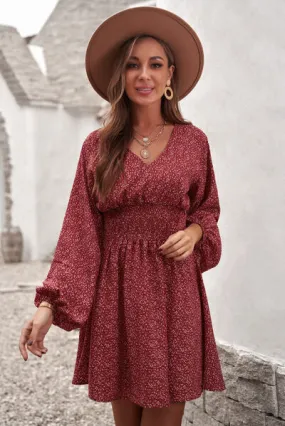 Smocked V-Neck Balloon Sleeve Dress