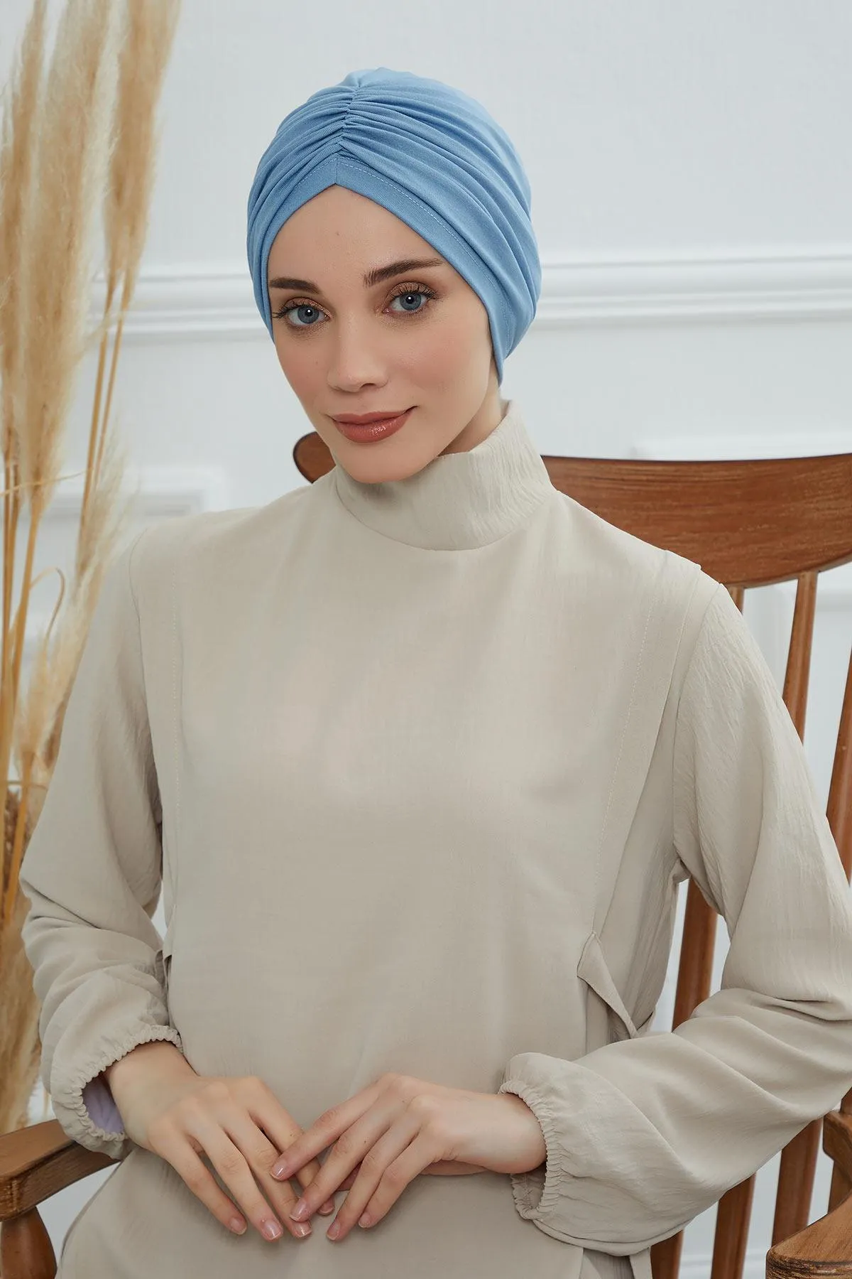 Soft Pre-Tied Shirred Turban for Women, Cotton Instant Turban Headwrap, Hair Loss & Chemo Friendly Bonnet Cap with Chic Shirred Design,B-20