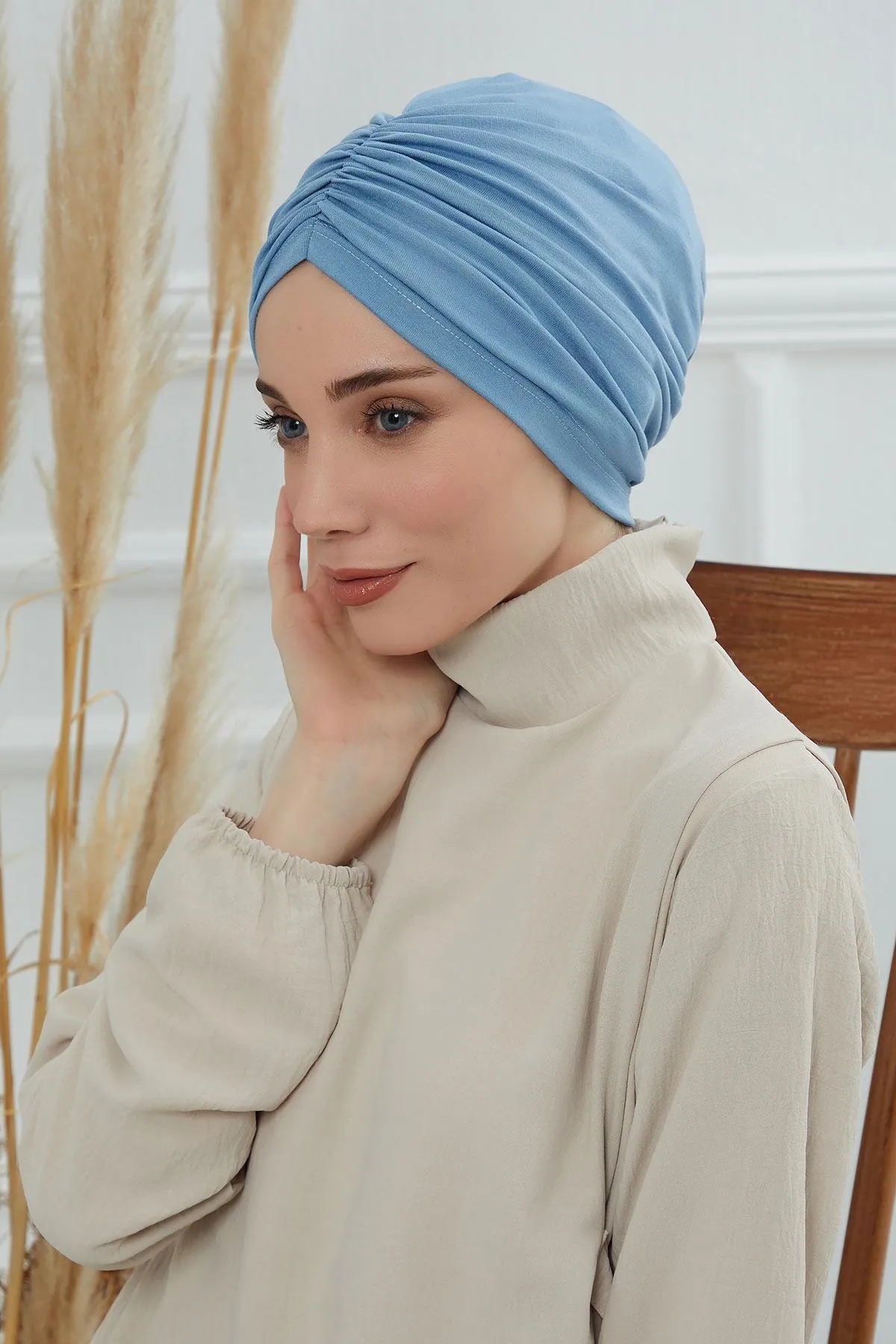 Soft Pre-Tied Shirred Turban for Women, Cotton Instant Turban Headwrap, Hair Loss & Chemo Friendly Bonnet Cap with Chic Shirred Design,B-20