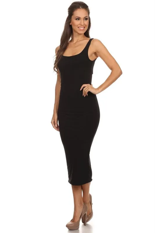 THE MYSTYLEMODE BLACK ESSENTIAL VENEZIA DOUBLE LINED TANK MIDI DRESS