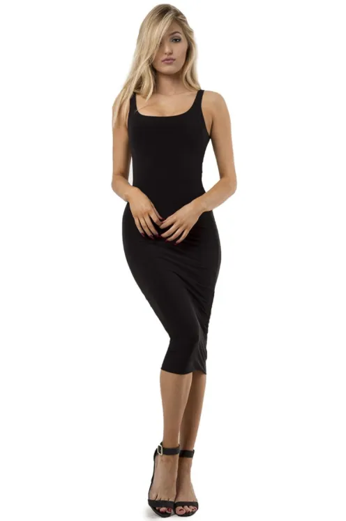 THE MYSTYLEMODE BLACK ESSENTIAL VENEZIA DOUBLE LINED TANK MIDI DRESS