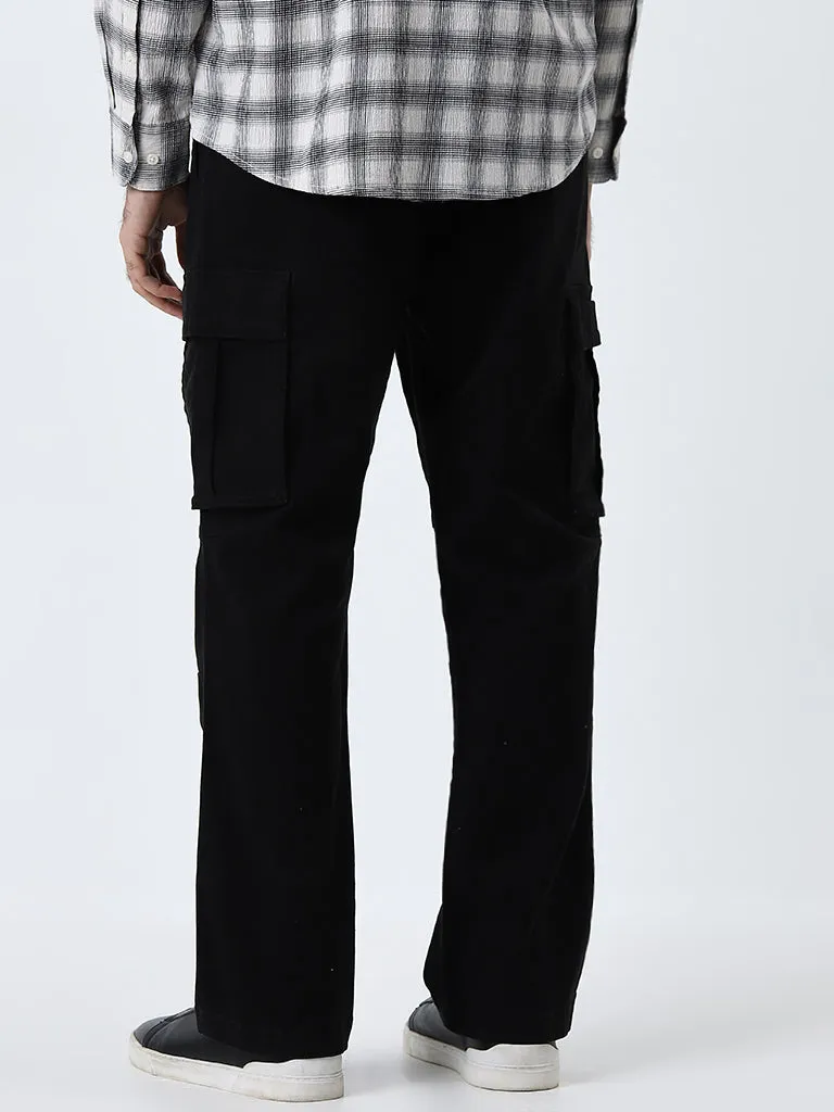 WES Casuals Black Mid-Rise Relaxed-Fit Cotton Blend Chinos