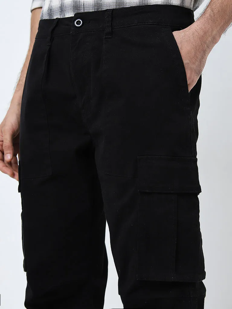 WES Casuals Black Mid-Rise Relaxed-Fit Cotton Blend Chinos