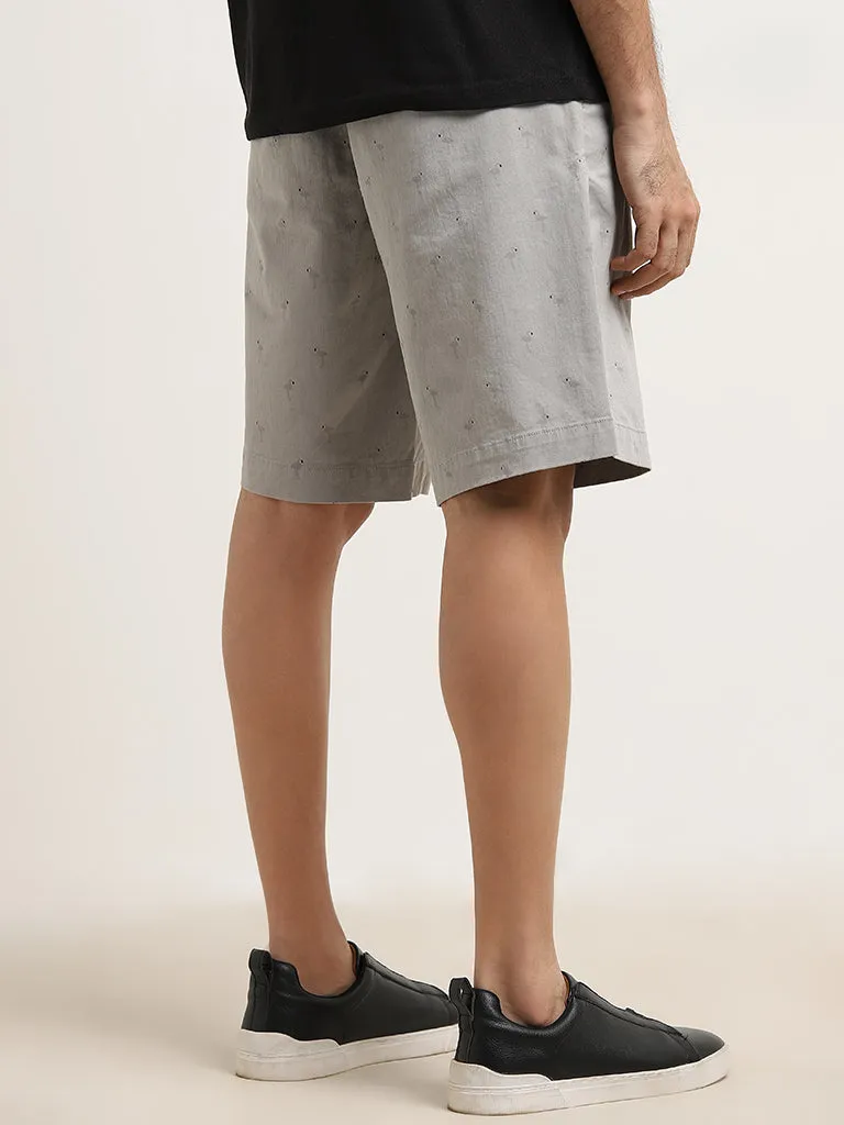 WES Casuals Grey Relaxed-Fit Mid-Rise Cotton Blend Shorts