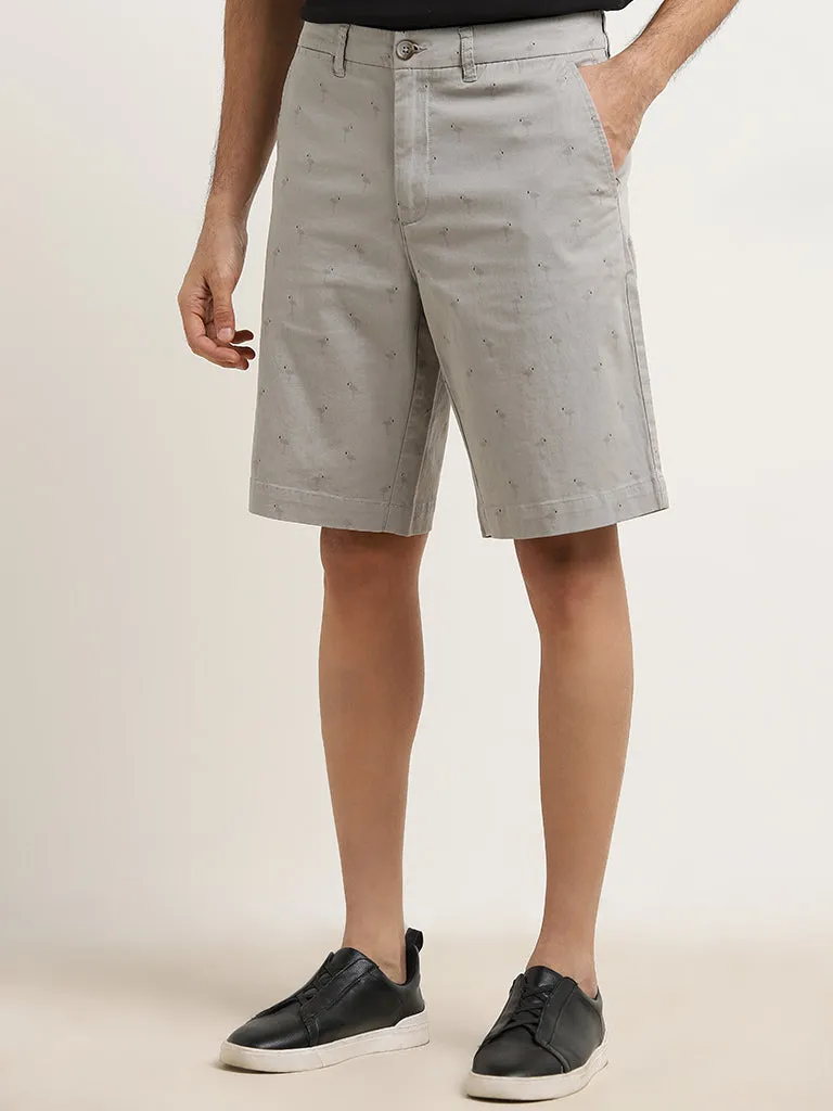 WES Casuals Grey Relaxed-Fit Mid-Rise Cotton Blend Shorts