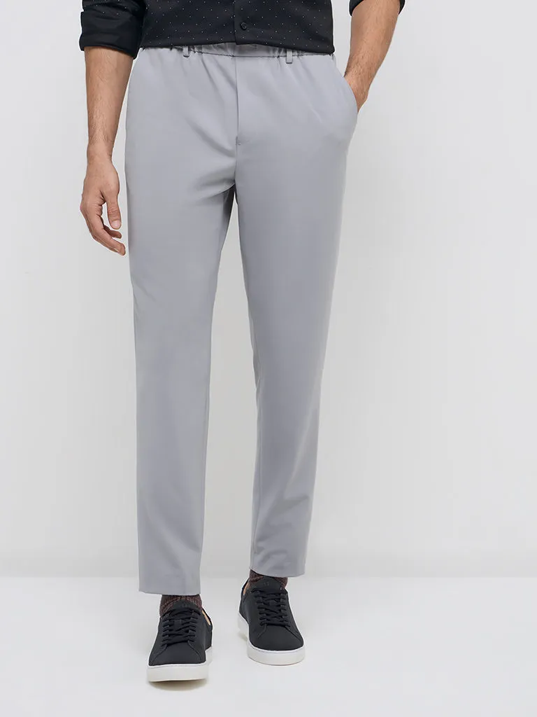 WES Formals Grey Carrot-Fit Mid-Rise Trousers