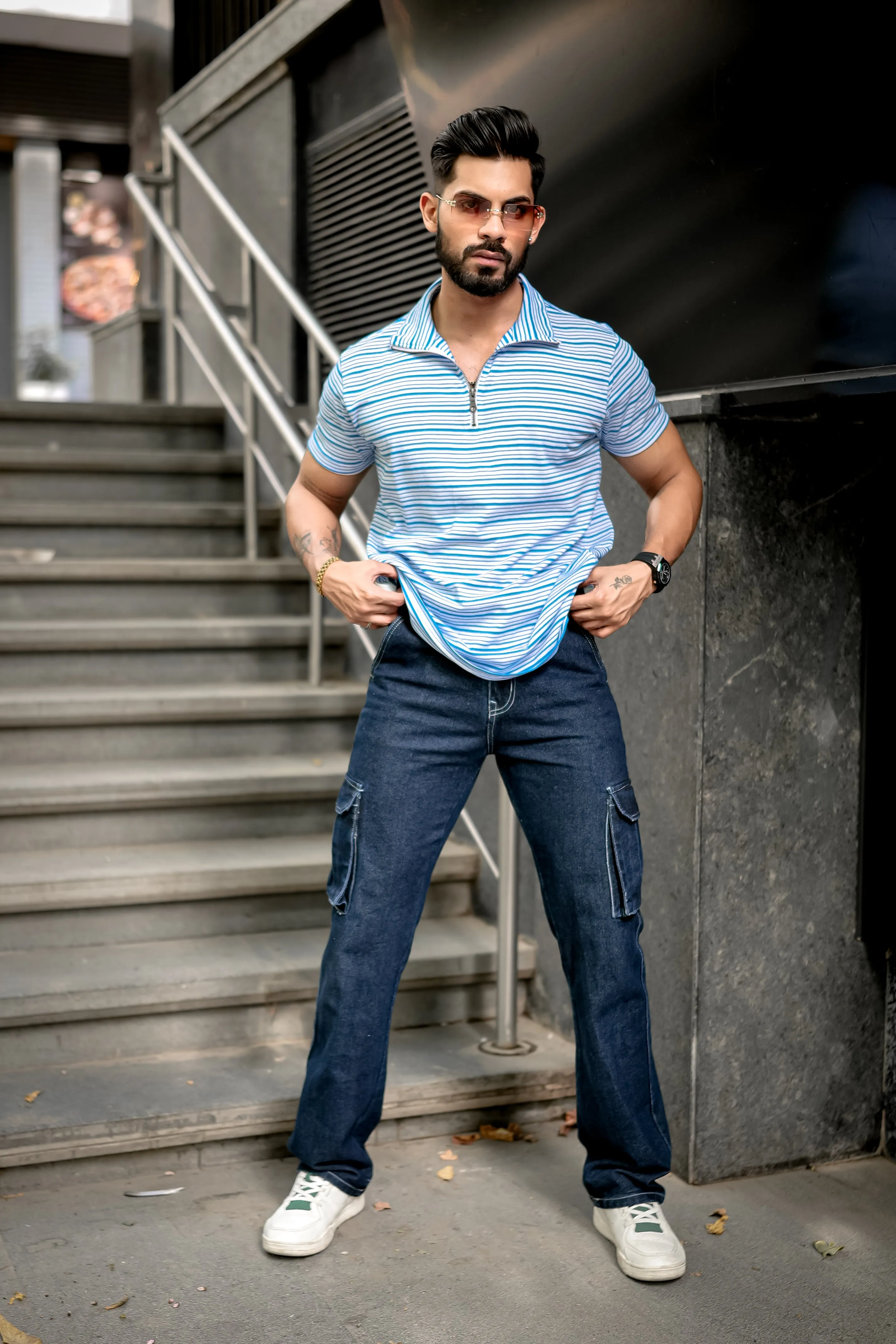 White Blue Stripes Zipper T-Shirt