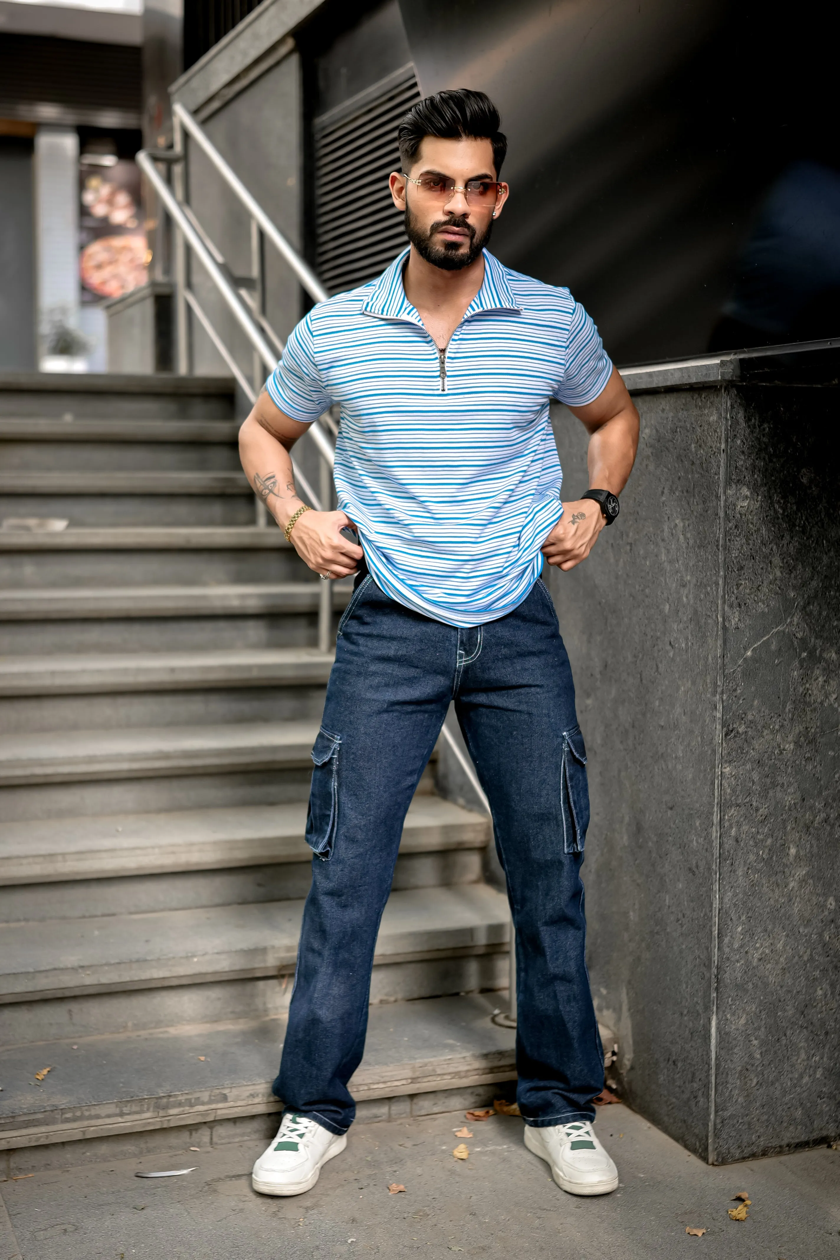 White Blue Stripes Zipper T-Shirt