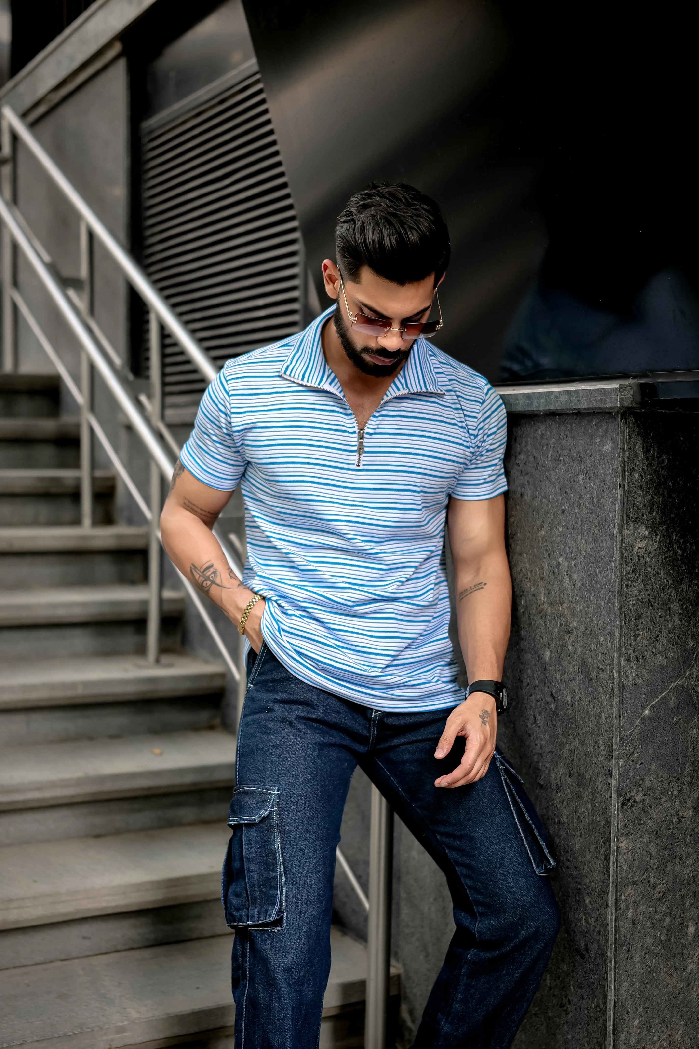 White Blue Stripes Zipper T-Shirt