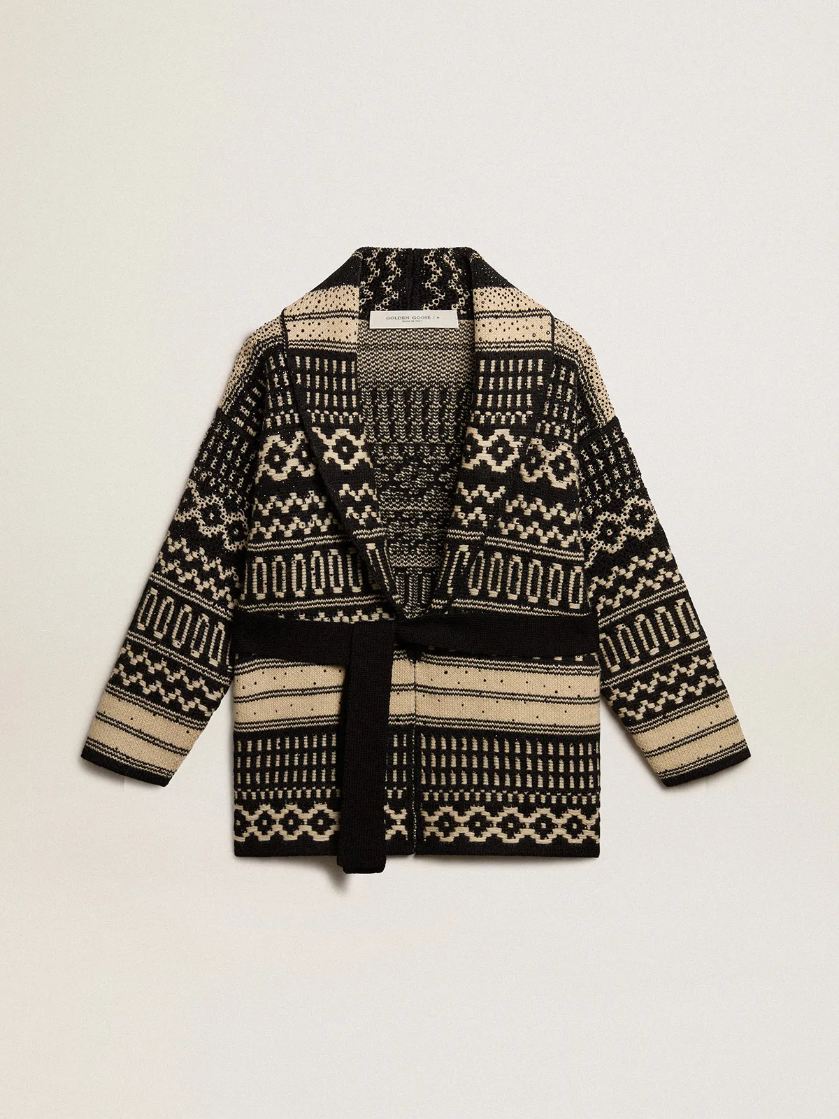 Women’s cardigan in ecru wool with jacquard design and belt