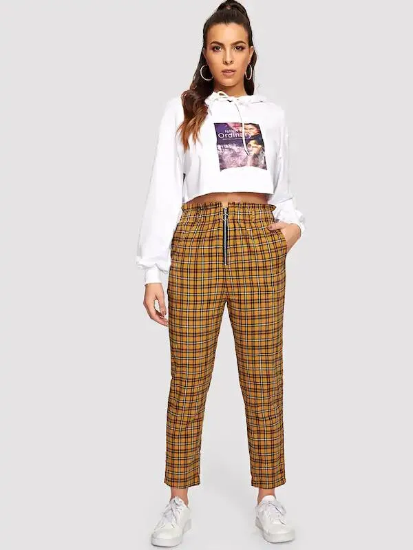 Zipper Plaid Peg Pants